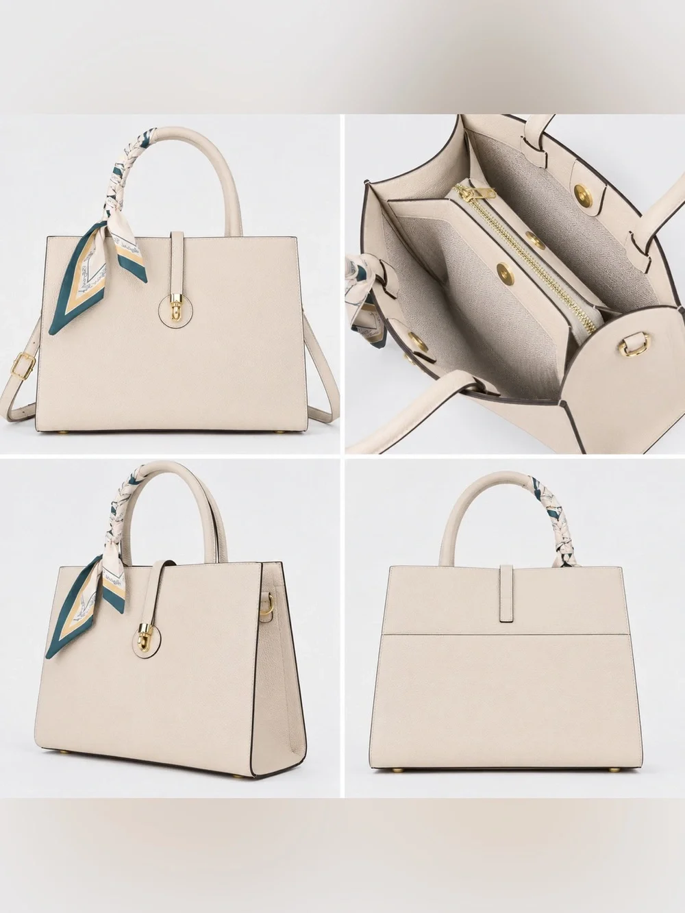 Elegant Cream Togo Leather Tote Bag with Scarf Accent